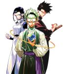  1girl 2boys bandaid bandaid_on_face bandaid_on_forehead black_hair black_hairband blue_eyes breasts closed_mouth cowboy_shot earrings earth_(planet) facial_mark green_eyes hairband highres holding_planet iwasaki_yuuji jacket jewelry jujutsu_kaisen jujutsu_kaisen_mojuro marulu_val_vol_yelvori medium_breasts medium_hair multiple_boys official_art okkotsu_tsurugi okkotsu_yuuka orbital_path planet purple_sash robe sash short_hair simple_background simurian spiked_hair white_background 