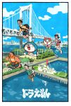  1girl 3boys bag black_hair blue_shorts bridge brown_hair closed_eyes collared_shirt creature doraemon doraemon_(character) dorami fat flying glasses gouda_takeshi green_shirt highres honekawa_suneo low_twintails minamoto_shizuka multiple_boys nobi_nobita orange_tank_top pink_shirt propeller_hat red_shoes round_eyewear ship shirt shoes short_hair shorts shoulder_bag sneakers suspension_bridge takeuchi_ryousuke tan tank_top twintails watercraft yellow_shirt 