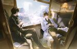  2boys absurdres bab_du_666 black_coat black_shirt book closed_eyes coat collared_shirt crossed_arms crossed_legs doorway feet_out_of_frame hand_on_own_stomach highres indoors kim_dokja leaning_back light_particles looking_at_reflection male_focus mountainous_horizon multiple_boys notebook omniscient_reader&#039;s_viewpoint open_clothes open_coat paper popped_collar pov_doorway reflective_surface scabbard sheath shirt sleeping snow train_interior wall_lamp white_coat window window_light yoo_joonghyuk 