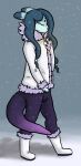 absurd_res accessory ambiguous_gender anthro boots bottomwear clothed clothing dreamingofcake footwear fur gem hair hair_accessory hi_res jacket markings pants pearl_(gem) rain_world saint_(rain_world) scale_markings scales shoes slugcat slugcat_humanoid snow solo spots spotted_markings topwear videocult