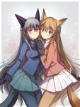  animal_ears ezo_red_fox_(kemono_friends) fox_ears jacket kemono_friends multiple_girls orange_jacket pantyhose shadowsinking silver_fox_(kemono_friends) tail yuri 