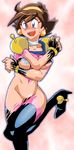  blue_eyes bodysuit breasts brown_hair commentary_request g_gundam gundam holding large_breasts looking_at_viewer mobile_trace_suit navel onnaski open_mouth pink_bodysuit rain_mikamura short_hair solo standing torn_clothes 