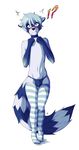  2017 ?! blue_fur blush bulge clothed clothing fluffy fluffy_tail front_view fur girly hi_res jun looking_at_viewer male mammal marblesoda procyonid raccoon simple_background solo standing white_background 