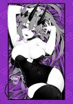  1girl absurdres armpits breasts cottontail_(vtuber) demon_girl demon_horns demon_tail gamer_supps greyscale_with_colored_background highres horns indie_virtual_youtuber leotard lips logo long_hair peesh_san pointy_ears purple_eyes solo spot_color strapless strapless_leotard tail thighhighs twitter_username virtual_youtuber 