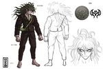  bangs barefoot blazer brown_hair character_sheet clenched_hands concept_art danganronpa full_body glasses gokuhara_gonta highres insect_cage jacket komatsuzaki_rui long_hair looking_at_viewer male_focus multiple_views necktie new_danganronpa_v3 official_art pants red_eyes reference_sheet round_eyewear school_uniform white_background 