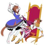  20years cape cape_grab clothes_grab crown dress highres holding holding_knife horse_girl knife meisho_doto_(blue/raging)_(umamusume) meisho_doto_(umamusume) orange_tail smile t.m._opera_o_(o_sole_suo!)_(umamusume) t.m._opera_o_(umamusume) tearing_up throne umamusume white_background 