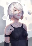  android bare_shoulders black_tank_top blank_stare blue_eyes check_translation collarbone commentary debris du_mogu hair_over_one_eye highres looking_up mole mole_under_mouth nier_(series) nier_automata open_mouth short_hair silver_hair solo torn_clothes translation_request upper_body upper_teeth yorha_type_a_no._2 