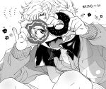  1boy :d absurdres akutagawa_jirou blush collared_shirt commentary contrast_collar cowboy_shot curtained_hair donut film_grain fingernails flower_symbol food greyscale grin hands_up happy_aura highres holding holding_donut holding_food il_huru jacket knee_blush knees knees_up long_sleeves looking_at_viewer looking_through_donut lower_teeth_only male_focus monochrome one_eye_closed parted_hair partially_unbuttoned partially_unzipped pinky_out shirt short_hair shorts simple_background smile solo sprinkles teeth tennis_no_ouji-sama track_jacket translation_request wavy_hair white_background 
