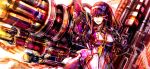 1girl android arm_cannon arm_up armor black_hair breasts bullet dual_arm_cannons dual_wielding firing gatling_gun grin gun highres holding huge_weapon ionia_series lisa_(pso2) long_hair mecha_musume medium_breasts metal_hair outstretched_arm outstretched_arms phantasy_star phantasy_star_online_2 red_eyes shoulder_armor sidelocks smile solo spread_arms sushi_(sashimise) upper_body weapon 