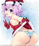  armpits artist_name ass blush breasts cameltoe choujigen_game_neptune christmas commentary_request d-pad english gloves gradient gradient_background hair_ornament hat highres looking_at_viewer looking_back neptune_(choujigen_game_neptune) neptune_(series) open_mouth panties petite purple_eyes purple_hair red_gloves ribbon santa_costume santa_hat sereneandsilent shiny shiny_hair shiny_skin short_hair sidelocks small_breasts smile striped striped_panties thighhighs underwear v watermark 