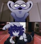 3d_(artwork) anthro armwear black_bottomwear black_clothing black_eyeshadow black_legwear black_nails black_skirt black_thigh_highs blurred_background blurred_foreground bogus_(cryptiacurves) bottomwear buckteeth clothing colored_nails cross_pupils cryptia cryptiacurves detached_sleeves digital_media_(artwork) duo ear_piercing ear_ring eyebrows eyeshadow facial_piercing femboy fur grey_body gun hair holding_gun holding_object holding_ranged_weapon holding_weapon home_alone humanoid lagomorph legwear leporid looking_at_viewer lying lying_on_ground makeup male mammal messy_hair nails nose_piercing on_front on_ground pecs piercing purple_eyes purple_hair rabbit ranged_weapon ring_piercing short_hair skirt smile smiling_at_viewer teeth thigh_highs weapon white_body white_eyebrows white_eyes white_fur