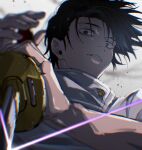  1boy black_eyes black_hair buttons closed_mouth fingernails from_below high_collar highres holding holding_weapon jacket jujutsu_kaisen jujutsu_tech_uniform looking_at_viewer male_focus nyannyako_1115 okkotsu_yuuta short_hair solo upper_body weapon white_jacket 