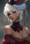  artist_name bare_shoulders black_collar blonde_hair breasts chuby_mi commentary detached_collar eyelashes highres lavender_eyes lips looking_at_viewer medium_breasts nose original parted_lips puffy_sleeves realistic short_hair smile solo upper_body watermark 