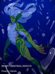  2017 abs butt digital_media_(artwork) green_skin hair humanoid lilirulu long_hair looking_at_viewer marine merfolk merry_christmas not_furry red_eyes silver_hair solo underwater water webbed_feet webbed_hands 