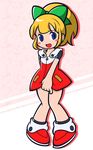  bangs black_legwear blonde_hair blue_eyes blush_stickers bow commentary_request dress eyebrows_visible_through_hair full_body green_bow hair_bow hooded_dress looking_at_viewer md5_mismatch open_mouth pink_background ponytail red_dress red_footwear rockman rockman_11 roll sashisaki_ryuunoshin shadow shoes short_sleeves sidelocks skirt_hold socks solo standing zipper 