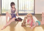  barefoot black_hair blonde_hair blue_eyes cat closed_eyes glass_door indoors long_hair lying multiple_girls ojyou on_stomach one_eye_closed original see-through short_hair shorts sitting skirt 