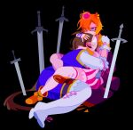  20years ahoge animal_ears between_legs black_background cape closed_eyes crown evil_grin evil_smile grin hand_on_another&#039;s_head highres horse_ears horse_girl hug meisho_doto_(umamusume) mini_crown multicolored_hair multiple_swords no_lineart orange_hair smile t.m._opera_o_(umamusume) two-tone_hair umamusume 