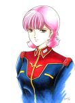  1980s_(style) 1girl 2000 commentary_request dated green_eyes gundam kitazume_hiroyuki_(style) looking_at_viewer military_rank_insignia military_uniform pink_hair portrait retro_artstyle sarah_zabiarov science_fiction serious signature titans_(gundam) white_background yumemi_ai zeta_gundam 