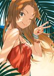  ;&gt; ;) aqua_eyes bare_arms beach blue_sky bracelet closed_mouth daifukumochi_(qquuiieett) dappled_sunlight day fingernails floating_hair forehead hair_intakes hand_up highres idolmaster idolmaster_cinderella_girls jewelry jpeg_artifacts leaf light_brown_hair long_hair looking_at_viewer looking_back matsumoto_sarina midriff nail_polish navel ocean one_eye_closed outdoors palm_leaf red_nails sand sky sleeveless smile solo strapless sunlight tsurime v water wind 