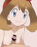  1girl bare_shoulders between_breasts blue_eyes breasts censored collarbone commentary_request hairband haruka_(pokemon) hetero highres light_brown_hair little_penis looking_at_viewer meronshiroppu nipples paizuri penis pokemon pokemon_(game) pokemon_oras sex short_hair small_breasts smile topless 