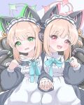  2girls :d absurdres animal_ear_headphones animal_ears apron blue_archive blue_background blue_bow blush bow commentary_request couch dress fake_animal_ears frilled_apron frills green_eyes grey_background grey_dress halo headphones highres holding_hands interlocked_fingers long_sleeves looking_at_viewer maid maid_apron maid_headdress midori_(blue_archive) midori_(maid)_(blue_archive) momoi_(blue_archive) momoi_(maid)_(blue_archive) multiple_girls norippe_(user_zgsf8872) off_shoulder on_couch puffy_long_sleeves puffy_sleeves red_eyes siblings sisters smile tail twins two-tone_background white_apron 