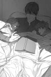  1girl 2boys absurdres arms_around_back bab_du_666 black_hair black_shirt bob_cut book child coat collared_shirt crack_of_light curly_hair greyscale head_on_another&#039;s_shoulder head_on_pillow highres holding_hands hood hood_down hoodie kim_dokja lee_gilyoung monochrome multiple_boys omniscient_reader&#039;s_viewpoint open_book pillow robe shin_yoosung shirt short_hair sleeping under_covers white_coat 