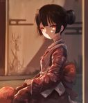  back_bow black_hair bow closed_mouth commentary_request dyolf fate/kaleid_liner_prisma_illya fate_(series) glowing hair_bun indoors japanese_clothes kimono large_bow looking_at_viewer miyu_edelfelt red_kimono seiza short_hair sitting solo 