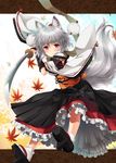  animal_ears blush brown_eyes frilled_skirt frills geta hakama_skirt hat inubashiri_momiji katana kei_kei leaf letterboxed looking_at_viewer maple_leaf obi sash silver_hair skirt solo sword tail tengu-geta tokin_hat touhou weapon wolf_ears wolf_tail 