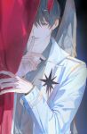  1boy bab_du_666 black_eyes black_hair coat curtains demon_horns feathered_wings finger_to_mouth hiding highres horns kim_dokja male_focus official_alternate_costume omniscient_reader&#039;s_viewpoint one_eye_covered open_clothes open_coat popped_collar shadow short_hair shushing solo star_(symbol) white_coat white_wings wings 