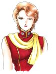  1980s_(style) 1girl bare_shoulders commentary_request earth_federation green_eyes gundam kitazume_hiroyuki_(style) lila_milla_rira military_rank_insignia military_uniform portrait red_lips retro_artstyle scarf science_fiction yellow_scarf yumemi_ai zeta_gundam 