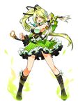  :d armpits black_footwear black_ribbon boots buckle clenched_hand detached_sleeves elsword full_body green_eyes green_hair green_skirt green_sleeves hair_ribbon highres knee_boots long_hair looking_at_viewer official_art open_mouth pointy_ears ponytail rena_(elsword) ress ribbon skirt smile solo standing transparent_background wind_sneaker_(elsword) 