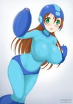  1girl arm_cannon bent_over blush bodysuit breasts brown_hair buster capcom choker genderswap genderswap_(mtf) gloves gradient gradient_background green_eyes helmet kainkout large_breasts long_hair looking_at_viewer open_mouth rockgirlhair_between_eyes rockman rockman_(character) rockman_(classic) signature simple_background solo spandex tight white_background wide_hips 