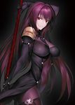  absurdres arm_up bangs bodysuit breasts closed_mouth commentary_request fate/grand_order fate_(series) gae_bolg hair_intakes highres large_breasts light_smile lips long_hair looking_at_viewer polearm purple_bodysuit purple_hair red_eyes scathach_(fate)_(all) scathach_(fate/grand_order) shoulder_armor solo spaulders spear very_long_hair weapon yagitome87 