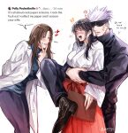  ! !! 1boy 2girls anger_vein artist_name black_hair blindfold blue_shirt blush brown_eyes brown_hair coat commentary english_commentary english_text gojou_satoru hakama hakama_skirt heart hetero highres hug hug_from_behind ieiri_shoko iori_utahime japanese_clothes jujutsu_kaisen jujutsu_tech_uniform lab_coat long_hair looking_at_another mole mole_under_eye multiple_girls open_mouth pants qeanoya red_hakama scar scar_on_face shirt short_hair sidelocks skirt speech_bubble twitter_username white_coat white_hair yellow_eyes yuri 