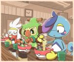  blue_skin chopsticks closed_eyes colored_skin drizzile food green_fur highres indoors no_humans noodles open_mouth poke_ball_print pokemon pokemon_(creature) raboot ramen thwackey white_fur yoshio_(yoshi00000091) 