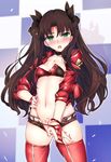  absurdres areola_slip areolae ass_visible_through_thighs belt blush breasts brown_hair cleavage fate/stay_night fate_(series) green_eyes hair_ribbon hand_on_hip highres long_hair looking_at_viewer md5_mismatch navel niko_(tama) pubic_tattoo pussy_peek race_queen red_legwear ribbon shorts small_breasts solo step_and_repeat stomach tattoo toosaka_rin two_side_up 