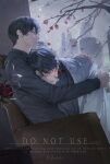  2boys arm_around_back bab_du_666 black_eyes black_hair black_shirt blank_stare blood blood_on_clothes blood_on_face chair closed_eyes coat falling_petals flower flower_request head_on_another&#039;s_shoulder head_tilt highres hug kim_dokja leaning_on_person lily_(flower) male_focus multiple_boys omniscient_reader&#039;s_viewpoint open_clothes open_coat petals plant popped_collar potted_plant rain shirt short_hair slouching tree white_coat yaoi yoo_joonghyuk 