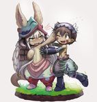  1other ;d animal_ears blush brown_eyes brown_hair ears_through_headwear eyebrows_visible_through_hair facial_mark faux_figurine flying_sweatdrops full_body furry grass green_eyes hair_between_eyes hand_on_another's_head helmet horned_helmet looking_at_another made_in_abyss nanachi_(made_in_abyss) nose_blush one_eye_closed open_mouth outstretched_arms pants pointy_ears potato_(sksnabi) puffy_pants regu_(made_in_abyss) short_hair smile standing standing_on_one_leg tail thick_eyebrows topless white_hair 