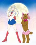  ;) bishoujo_senshi_sailor_moon blue_eyes boots bow cosplay crossdressing dog double_bun elbow_gloves full_moon gloves high_heel_boots high_heels highres makkachin male_focus moon natsuno_(natsunosho) one_eye_closed pleated_skirt sailor_chibi_moon sailor_chibi_moon_(cosplay) sailor_collar sailor_moon sailor_moon_(cosplay) sailor_senshi_uniform silver_hair skirt smile tsuki_ni_kawatte_oshioki_yo twintails viktor_nikiforov yuri!!!_on_ice 