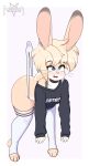 absurd_res anthro blonde_hair blue_eyes blush buckteeth choker clothing dipstick_ears dipstick_fingers ear_markings ear_piercing epic_games fortnite fur hair hi_res hoodie jewelry lagomorph legwear leporid long_ears looking_pleasured male mammal multicolored_ears necklace orange_body orange_fur piercing rabbit raised_tail simple_background solo tail teeth topwear wedgie whiskers white_body white_fur yngwie_(zelripheth) zelripheth