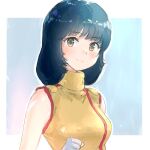  1girl aeug black_hair blue_background blue_eyes blue_hair breasts commentary dress fa_yuiry gloves gradient_background gundam highres looking_at_viewer medium_hair military_uniform nao32 portrait science_fiction sleeveless smile solo upper_body white_background white_gloves zeta_gundam 