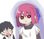  1boy 1girl ahoge apron bad_end black_hair blue_bow bow brown_kimono chibi exa_(koyuru) glasses hair_bow jacket japanese_clothes kimono kohaku_(tsukihime) looking_at_another maid maid_apron nervous_sweating official_alternate_costume open_clothes open_jacket pink_hair red_eyes scared scene_reference shirt spoilers sweat tohno_shiki tsukihime tsukihime_(remake) white_shirt zombie 