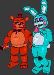 3_toes 3d_(artwork) 4_fingers animatronic anthro bear black_bow_tie bow_tie buckteeth cel_shading clothing confusion cryptiacurves digital_media_(artwork) duo electronics eyebrows eyelashes eyeshadow feet fingers five_nights_at_freddy&#039;s five_nights_at_freddy&#039;s_2 glistening glistening_body green_eyelashes green_sclera grey_background hat headgear headwear holding_microphone holding_object lagomorph leporid looking_at_viewer machine makeup male mammal microphone open_mouth open_smile orange_body orange_eyelashes orange_sclera purple_eyeshadow rabbit raised_eyebrow red_bow_tie robot robot_anthro scottgames scut_tail shaded short_tail simple_background smile smiling_at_viewer tail teal_body teeth toes top_hat toy_bonnie_(fnaf) toy_freddy_(fnaf) white_eyes