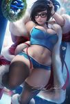  banned_artist bra breasts brown_hair christmas coat fur_trim glasses large_breasts mei_(overwatch) mouth_hold overwatch panties patreon_username ribbon sakimichan santa_costume see-through short_shorts shorts signature snowball_(overwatch) tank_top thighhighs underwear watermark wreath wristband zettai_ryouiki 