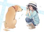 bad_id bad_pixiv_id bracelet brown_hair camera dog girls_und_panzer hat jewelry long_hair mika_(girls_und_panzer) one_eye_closed pairan shoes sneakers squatting taking_picture 