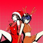  animal_costume animal_ears bare_shoulders blue_eyes blue_hair brown_hair commentary dh_(brink_of_memories) elbow_gloves english_commentary flat_color fur-trimmed_hat gloves hair_between_eyes highres looking_at_viewer midriff multiple_girls navel neck_bell niijima_makoto persona persona_4 persona_5 polka_dot polka_dot_background red_eyes reindeer_costume reindeer_ears sack santa_costume shirogane_naoto short_hair thighs 