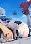  aircraft ass blonde_hair cloud day giantess head_out_of_frame helicopter iowa_(kantai_collection) kantai_collection long_hair lying miniskirt on_stomach outdoors rigging rudder_shoes searchlight sikorsky_h-19 size_difference skirt sky smokestack solo_focus striped striped_legwear striped_skirt thighhighs turret utopia zettai_ryouiki 