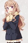  :d absurdres alternate_costume black_legwear blue_coat brown_background brown_hair cowboy_shot duffel_coat hair_ornament hands_together high_school_fleet highres kapatarou long_hair mittens open_mouth pantyhose purple_eyes scarf simple_background smile solo sweater uda_megumi x_hair_ornament 