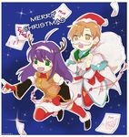  1girl bare_shoulders blue_hair blush brown_hair cape chibi christmas cyaca_ab facial_hair fire_emblem fire_emblem:_souen_no_kiseki gloves green_eyes hat headband long_hair mustache open_mouth purple_hair rhys santa_costume short_hair smile snow thighhighs wayu_(fire_emblem) 