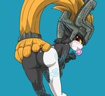  2017 5_fingers armor bent_over blue_background blush butt condom digital_media_(artwork) female hair hand_on_butt helmet hi_res humanoid imp looking_back midna nintendo not_furry orange_hair pointy_ears red_eyes simple_background solo the_legend_of_zelda twili twilight_princess video_games yellow_sclera マメトラ 